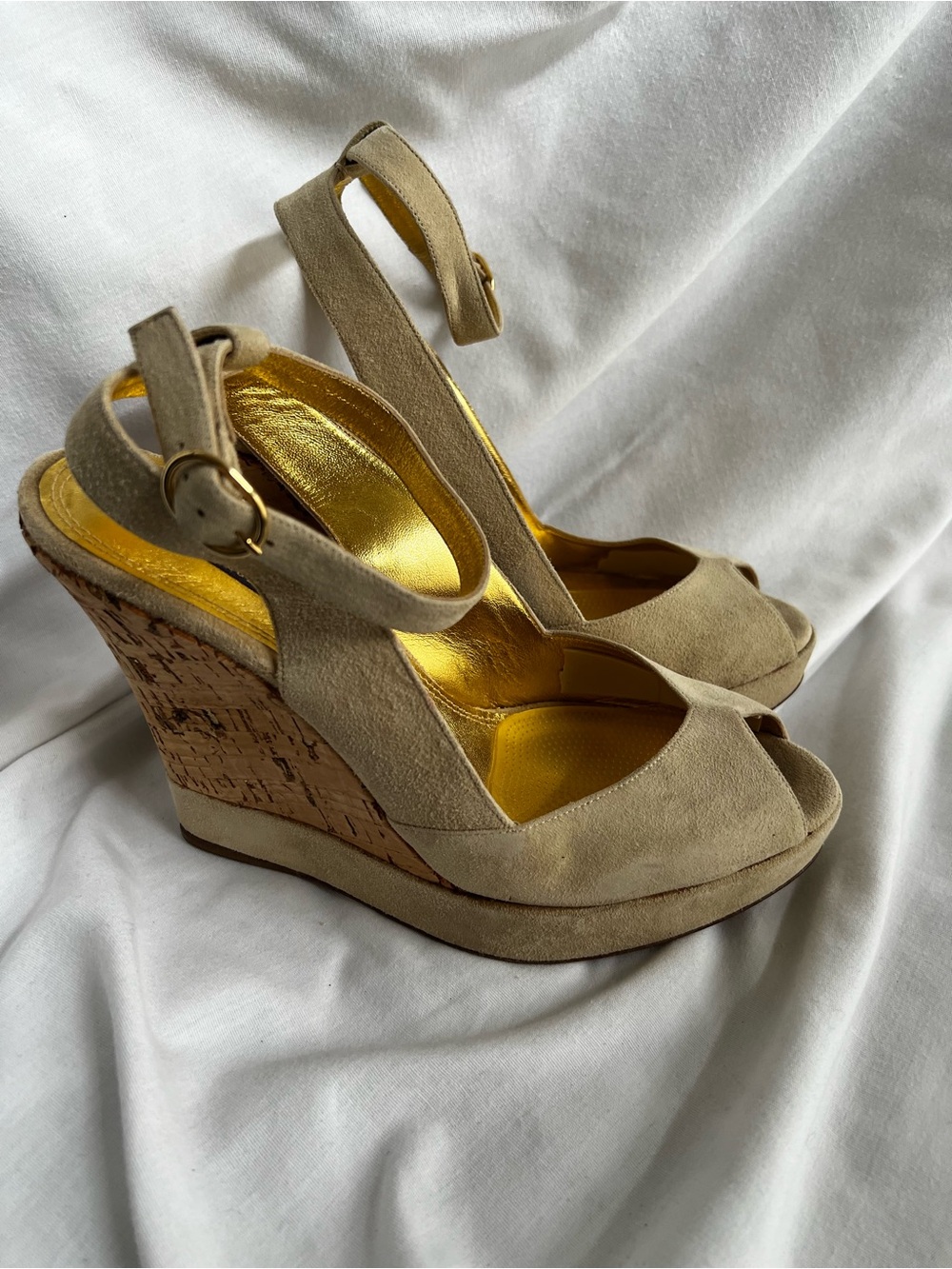 Ralph Lauren Purple Label Beige Suede Cork Wedge Strappy Sandals w/Gold Interior